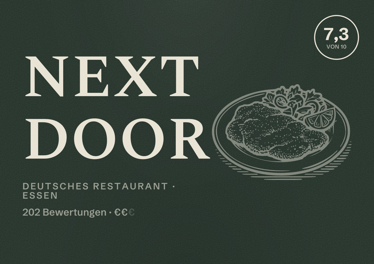 Illustriertes Poster von Next Door, Deutsches Restaurant in Essen: Bewertung 7,3 von 10 aus 202 Bewertungen, Preisniveau €€