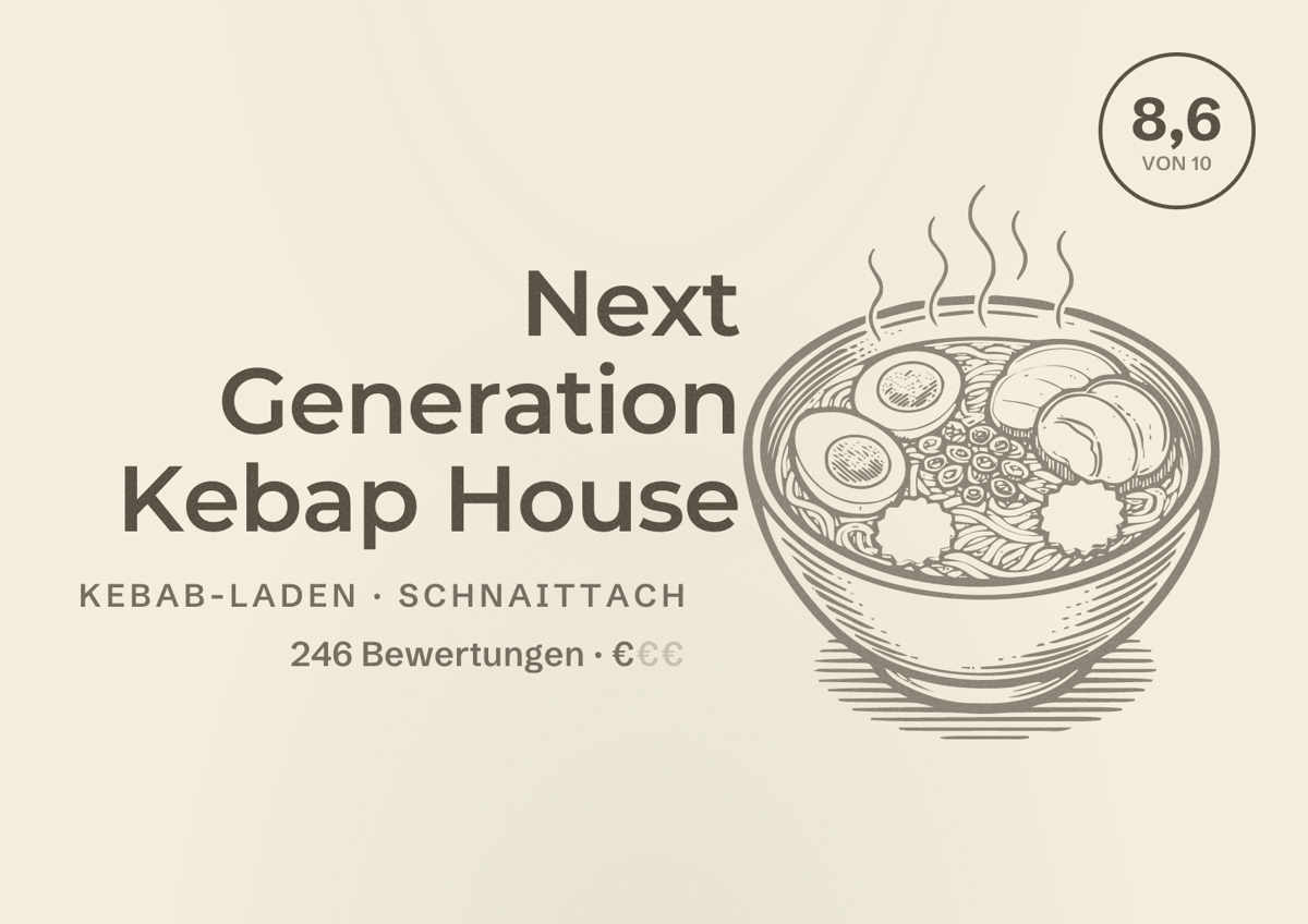 Illustriertes Poster von Next Generation Kebap House, Kebab-Laden in Schnaittach: Bewertung 8,6 von 10 aus 246 Bewertungen, Preisniveau €