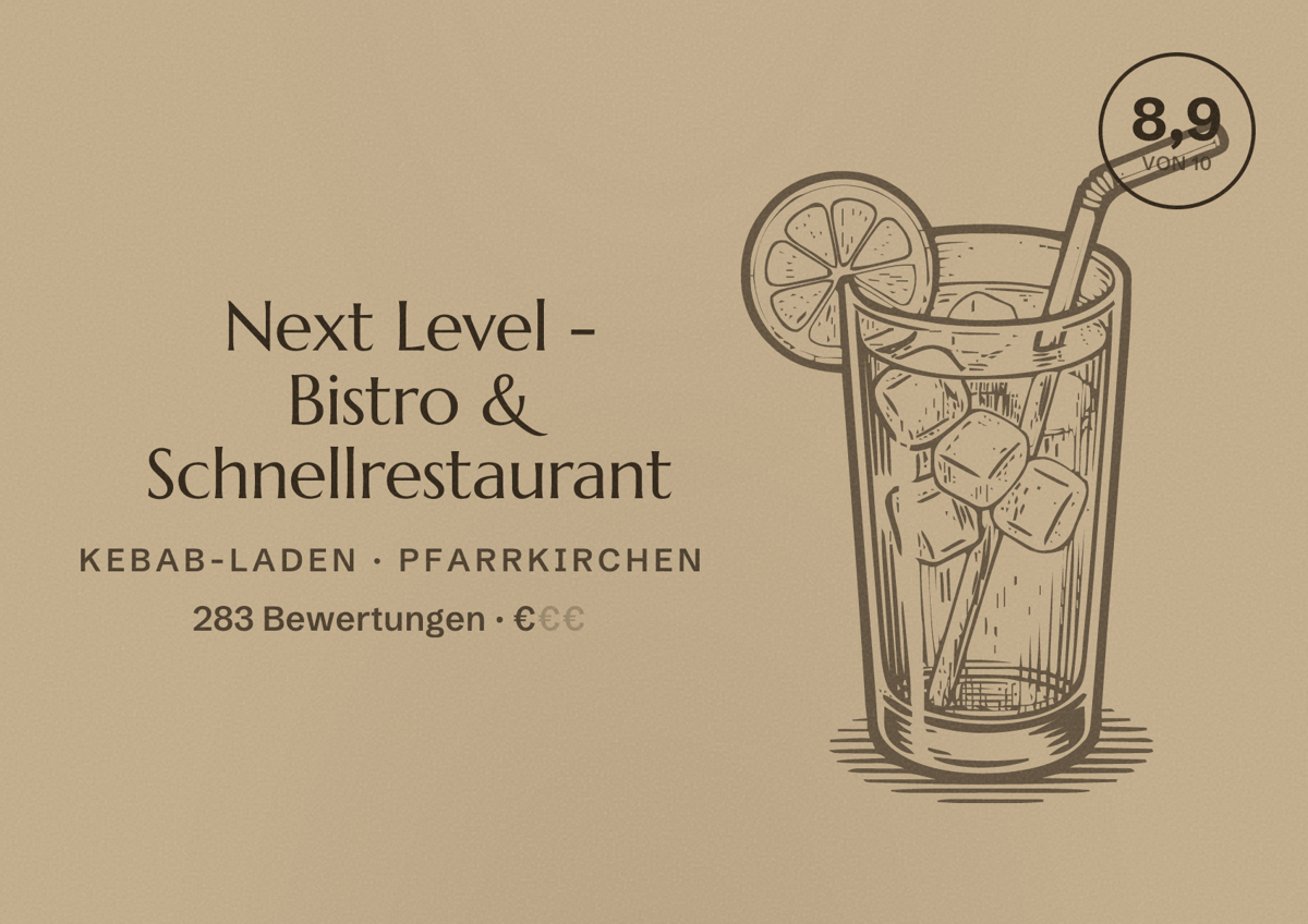 Illustriertes Poster von Next Level - Bistro & Schnellrestaurant, Kebab-Laden in Pfarrkirchen: Bewertung 8,9 von 10 aus 283 Bewertungen, Preisniveau €