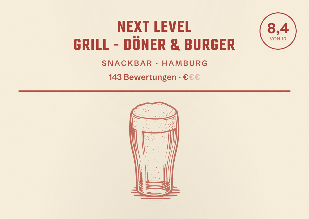 Illustriertes Poster von Next Level Grill - Döner & Burger, Snackbar in Hamburg: Bewertung 8,4 von 10 aus 143 Bewertungen, Preisniveau €