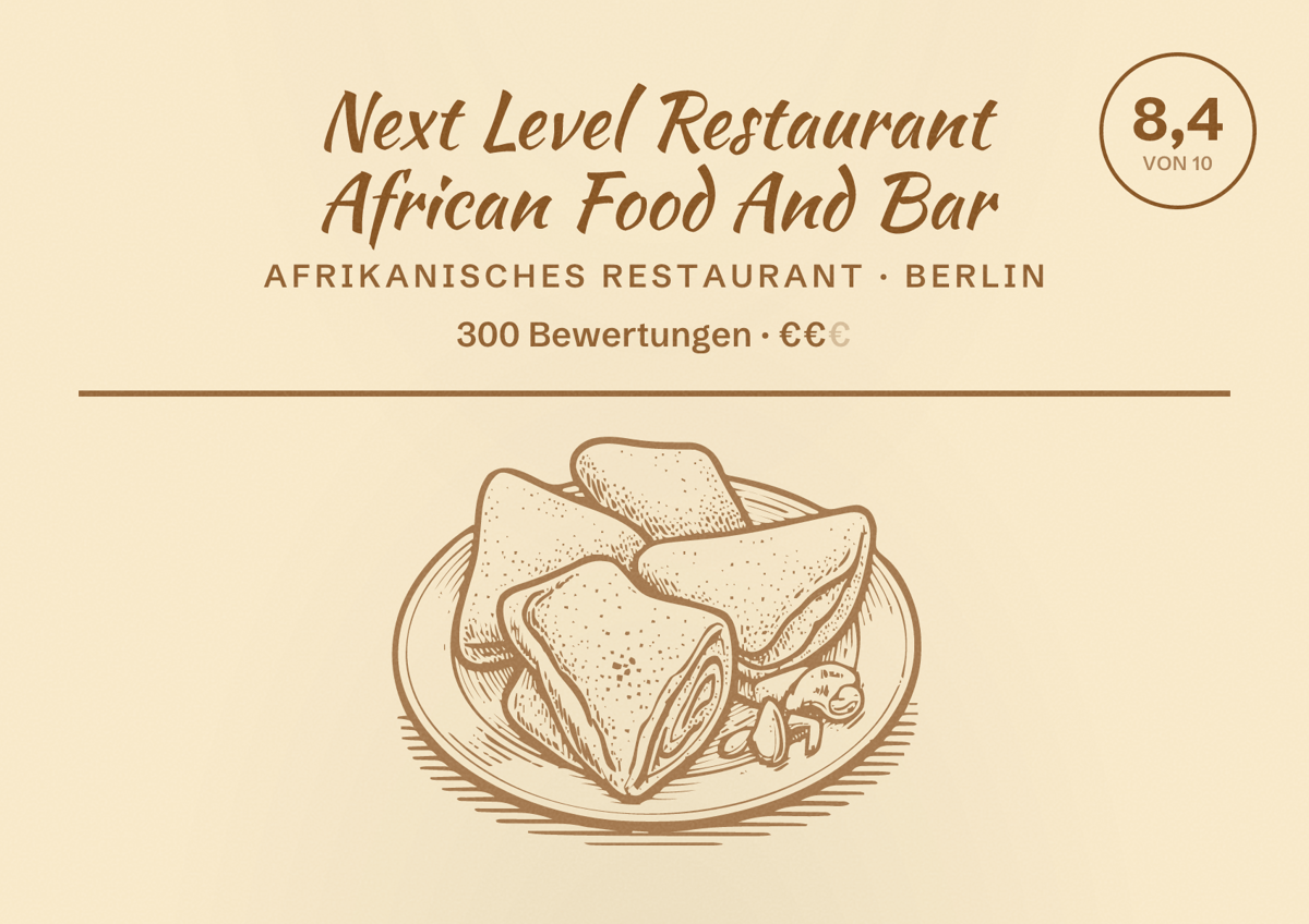 Illustriertes Poster von Next Level Restaurant African Food And Bar, Afrikanisches Restaurant in Berlin: Bewertung 8,4 von 10 aus 300 Bewertungen, Preisniveau €€
