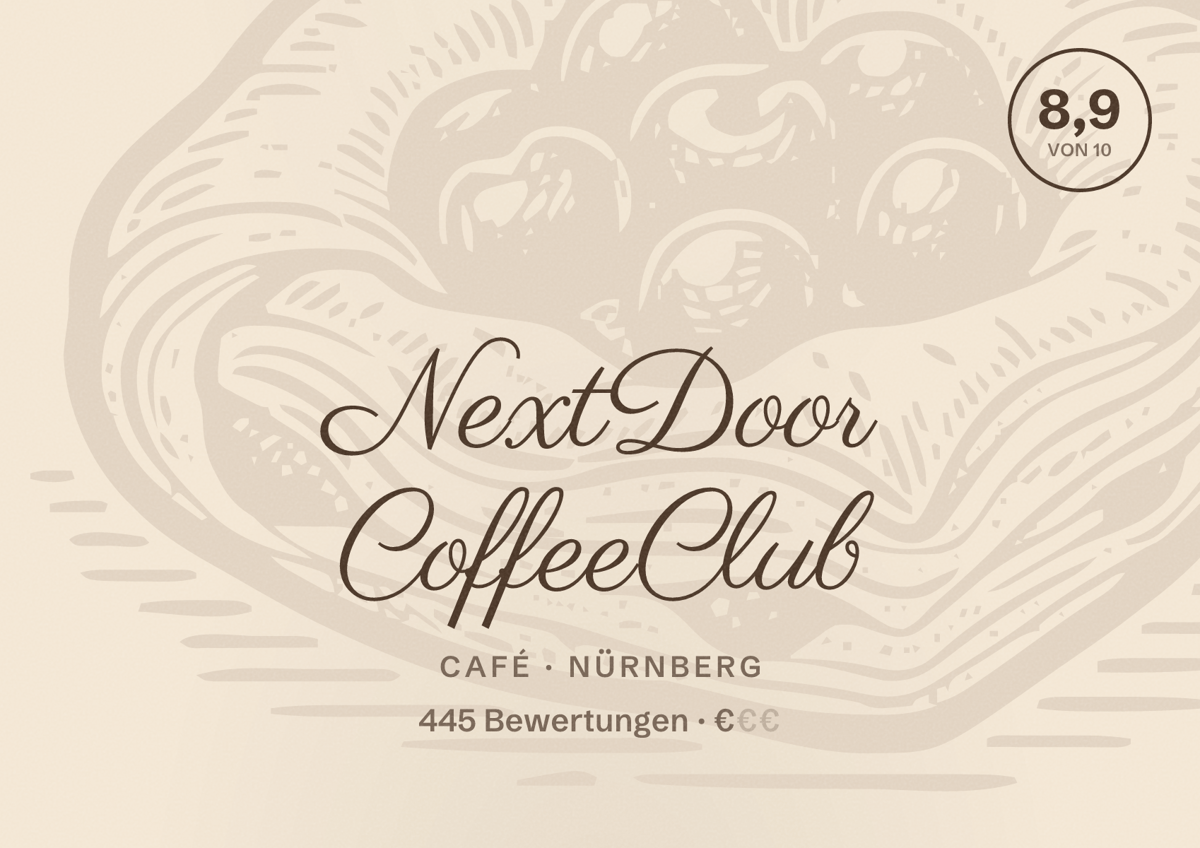 Illustriertes Poster von NextDoor CoffeeClub, Café in Nürnberg: Bewertung 8,9 von 10 aus 445 Bewertungen, Preisniveau €