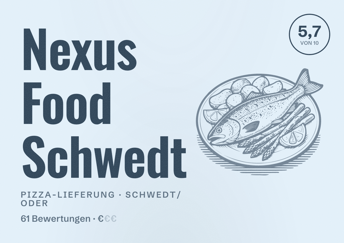 Illustriertes Poster von Nexus Food Schwedt, Pizza-Lieferung in Schwedt/Oder: Bewertung 5,7 von 10 aus 61 Bewertungen, Preisniveau €