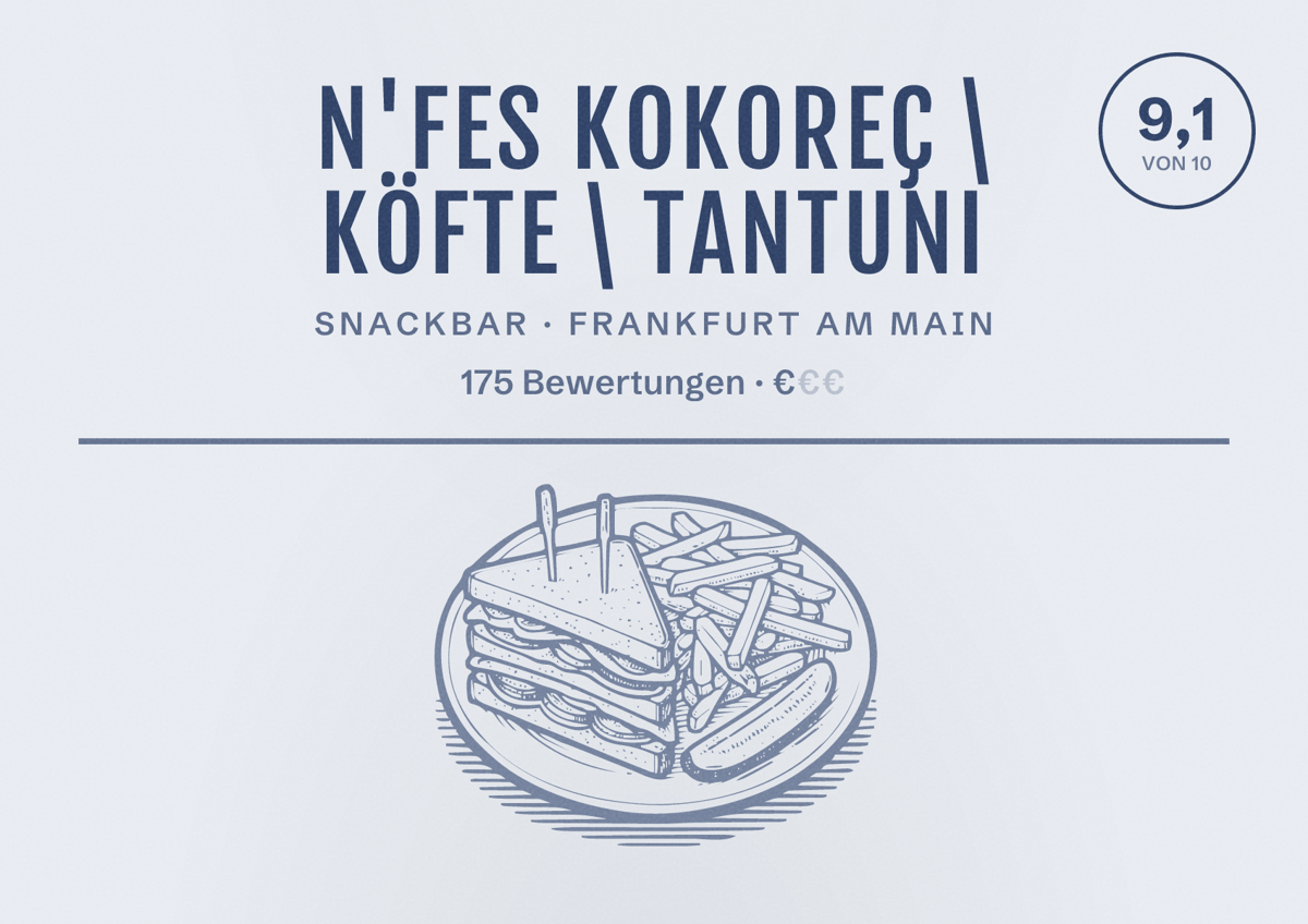 Illustriertes Poster von N'fes Kokoreç \ Köfte \ Tantuni, Snackbar in Frankfurt am Main: Bewertung 9,1 von 10 aus 175 Bewertungen, Preisniveau €