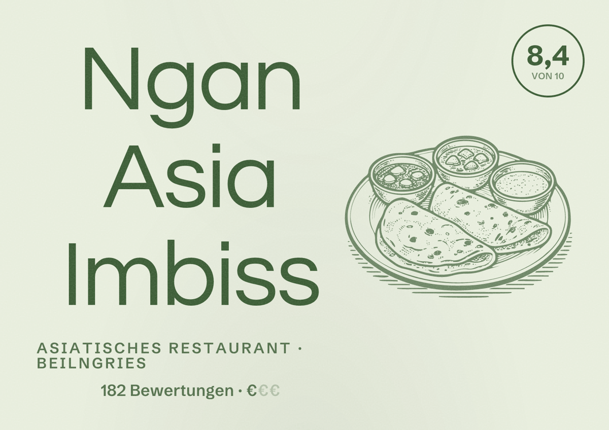 Illustriertes Poster von Ngan Asia Imbiss, Asiatisches Restaurant in Beilngries: Bewertung 8,4 von 10 aus 182 Bewertungen, Preisniveau €