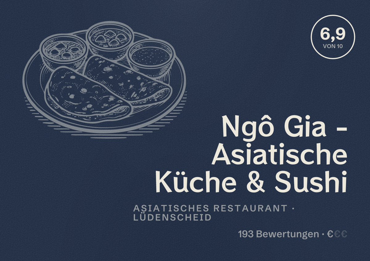 Illustriertes Poster von Ngô Gia - Asiatische Küche & Sushi, Asiatisches Restaurant in Lüdenscheid: Bewertung 6,9 von 10 aus 193 Bewertungen, Preisniveau €