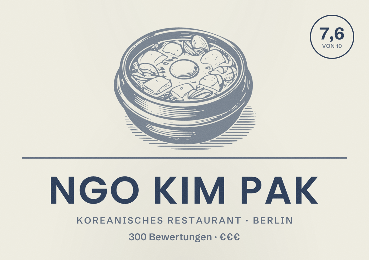 Illustriertes Poster von Ngo Kim Pak, Koreanisches Restaurant in Berlin: Bewertung 7,6 von 10 aus 300 Bewertungen, Preisniveau €€€