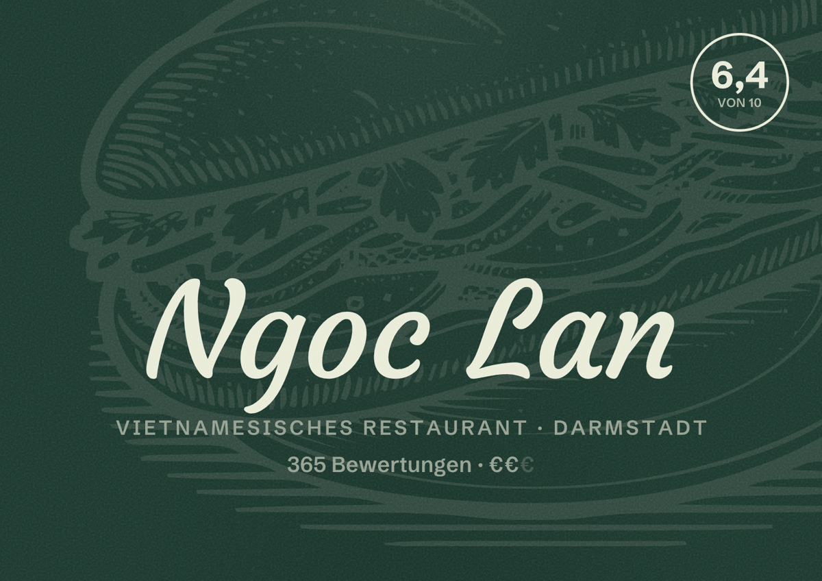 Illustriertes Poster von Ngoc Lan, Vietnamesisches Restaurant in Darmstadt: Bewertung 6,4 von 10 aus 365 Bewertungen, Preisniveau €€
