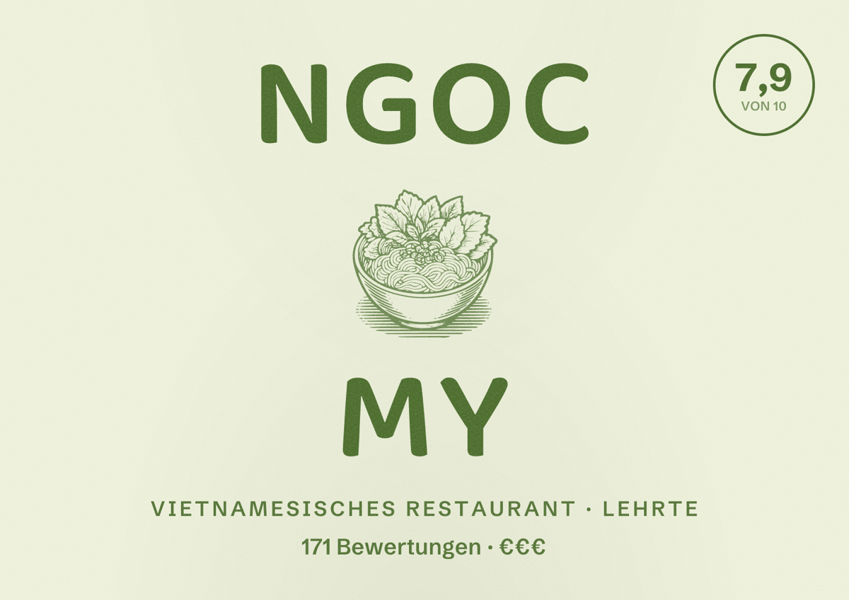Illustriertes Poster von Ngoc My, Vietnamesisches Restaurant in Lehrte: Bewertung 7,9 von 10 aus 171 Bewertungen, Preisniveau €€€