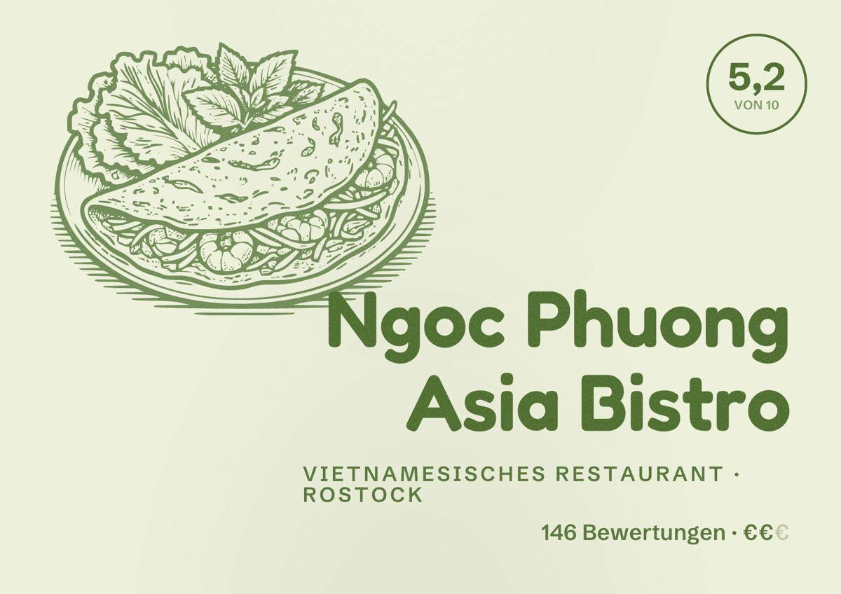 Illustriertes Poster von Ngoc Phuong Asia Bistro, Vietnamesisches Restaurant in Rostock: Bewertung 5,2 von 10 aus 146 Bewertungen, Preisniveau €€
