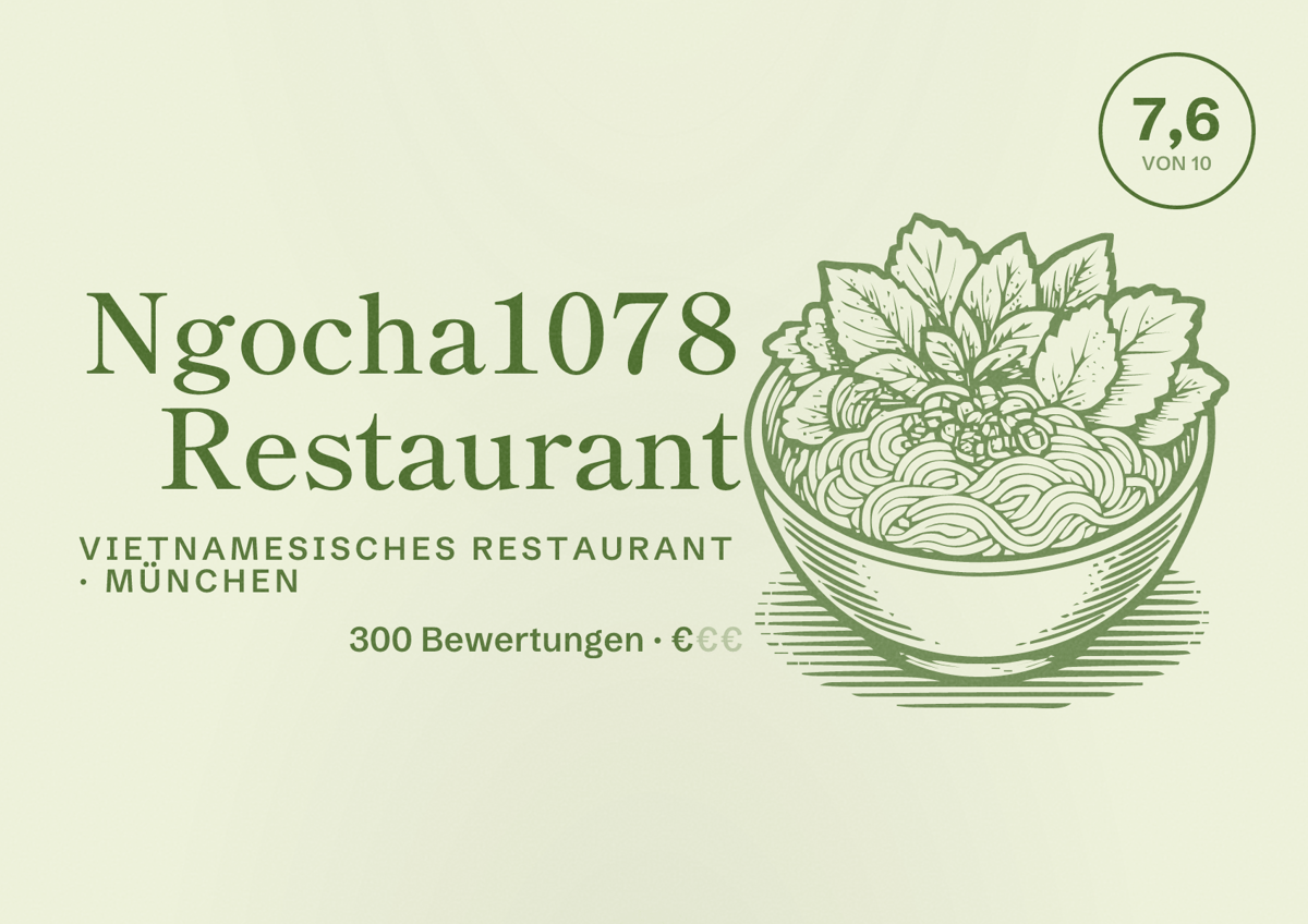 Illustriertes Poster von Ngocha1078 Restaurant, Vietnamesisches Restaurant in München: Bewertung 7,6 von 10 aus 300 Bewertungen, Preisniveau €