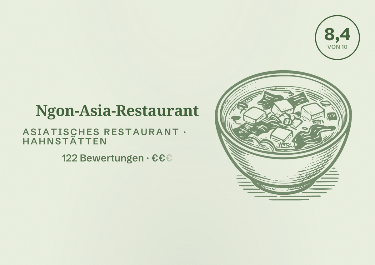 Illustriertes Poster von Ngon-Asia-Restaurant, Asiatisches Restaurant in Hahnstätten: Bewertung 8,4 von 10 aus 122 Bewertungen, Preisniveau €€