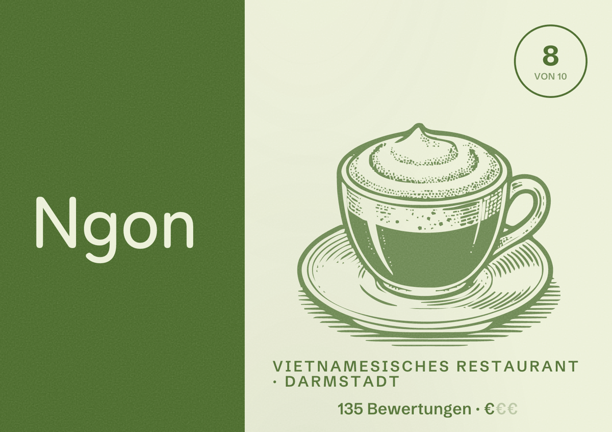 Illustriertes Poster von Ngon, Vietnamesisches Restaurant in Darmstadt: Bewertung 8 von 10 aus 135 Bewertungen, Preisniveau €
