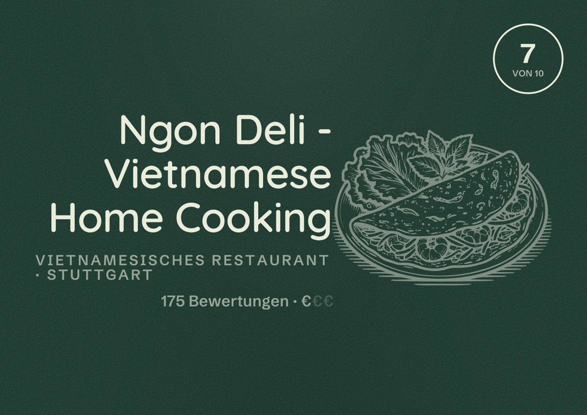 Illustriertes Poster von Ngon Deli - Vietnamese Home Cooking, Vietnamesisches Restaurant in Stuttgart: Bewertung 7 von 10 aus 175 Bewertungen, Preisniveau €