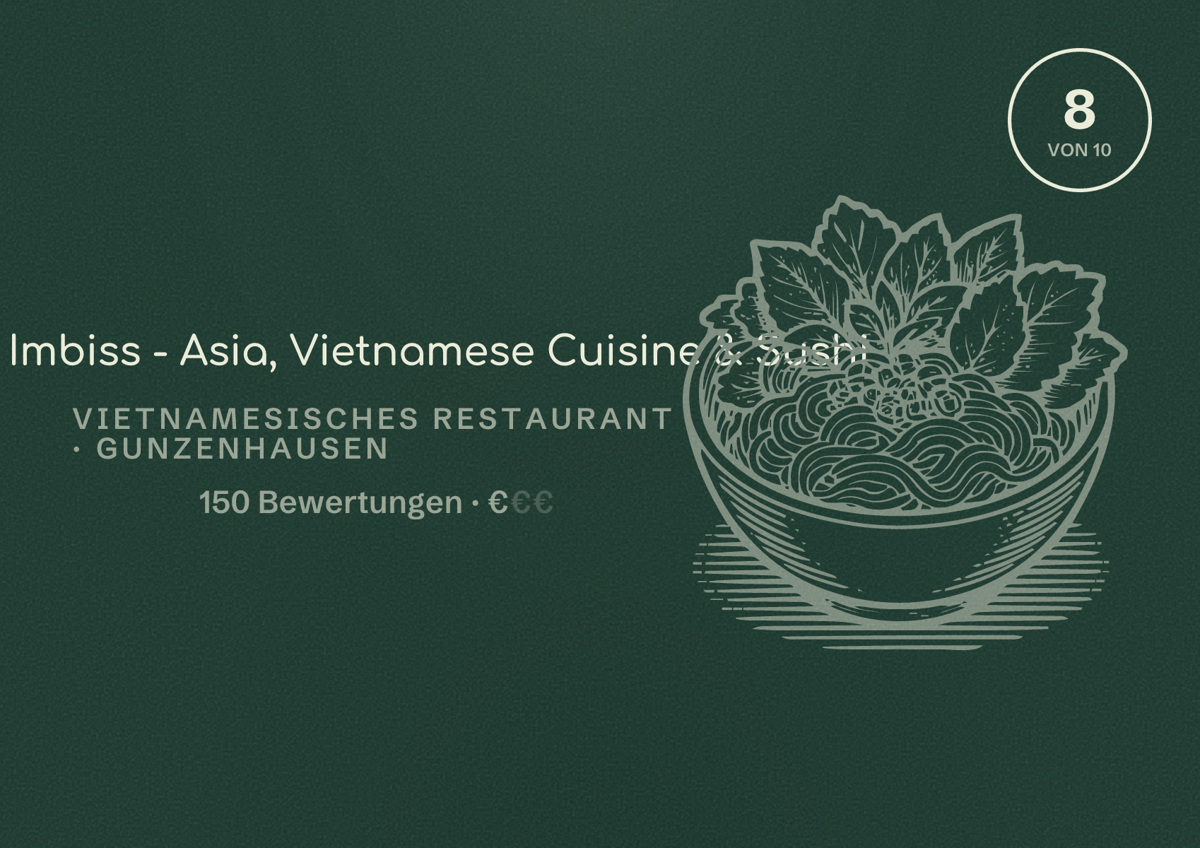 Illustriertes Poster von Ngon Imbiss - Asia, Vietnamese Cuisine & Sushi, Vietnamesisches Restaurant in Gunzenhausen: Bewertung 8 von 10 aus 150 Bewertungen, Preisniveau €