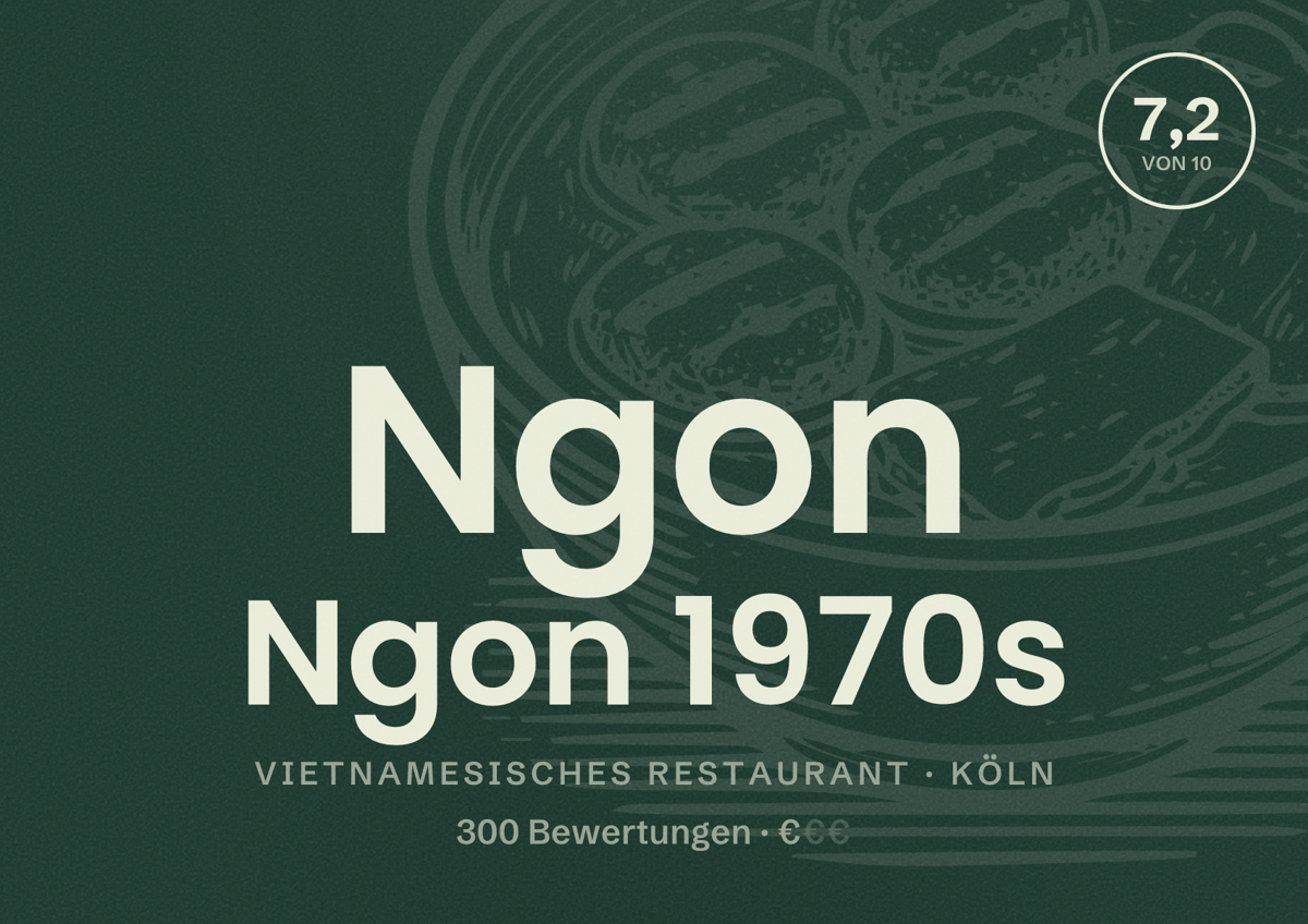 Illustriertes Poster von Ngon Ngon 1970s, Vietnamesisches Restaurant in Köln: Bewertung 7,2 von 10 aus 300 Bewertungen, Preisniveau €
