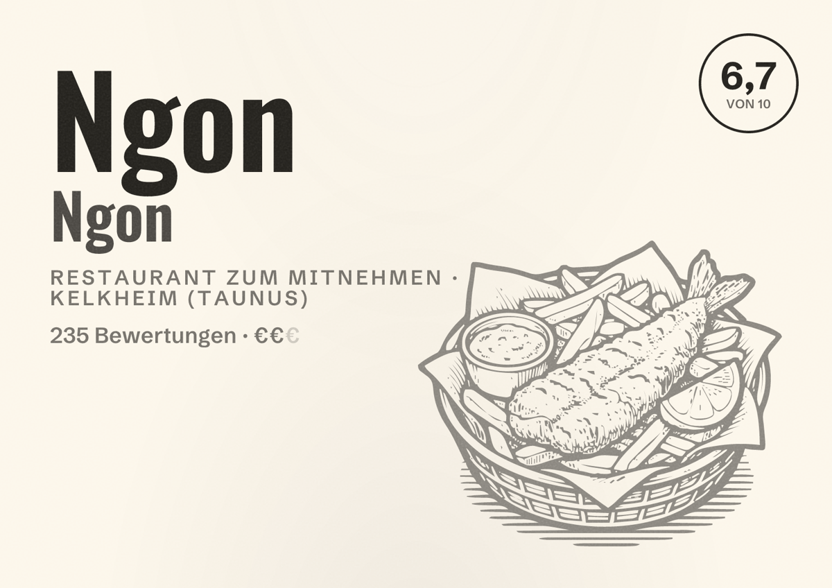 Illustriertes Poster von Ngon Ngon, Restaurant zum Mitnehmen in Kelkheim (Taunus): Bewertung 6,7 von 10 aus 235 Bewertungen, Preisniveau €€