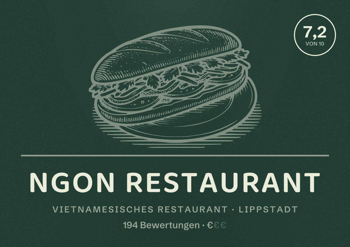 Illustriertes Poster von Ngon Restaurant, Vietnamesisches Restaurant in Lippstadt: Bewertung 7,2 von 10 aus 194 Bewertungen, Preisniveau €