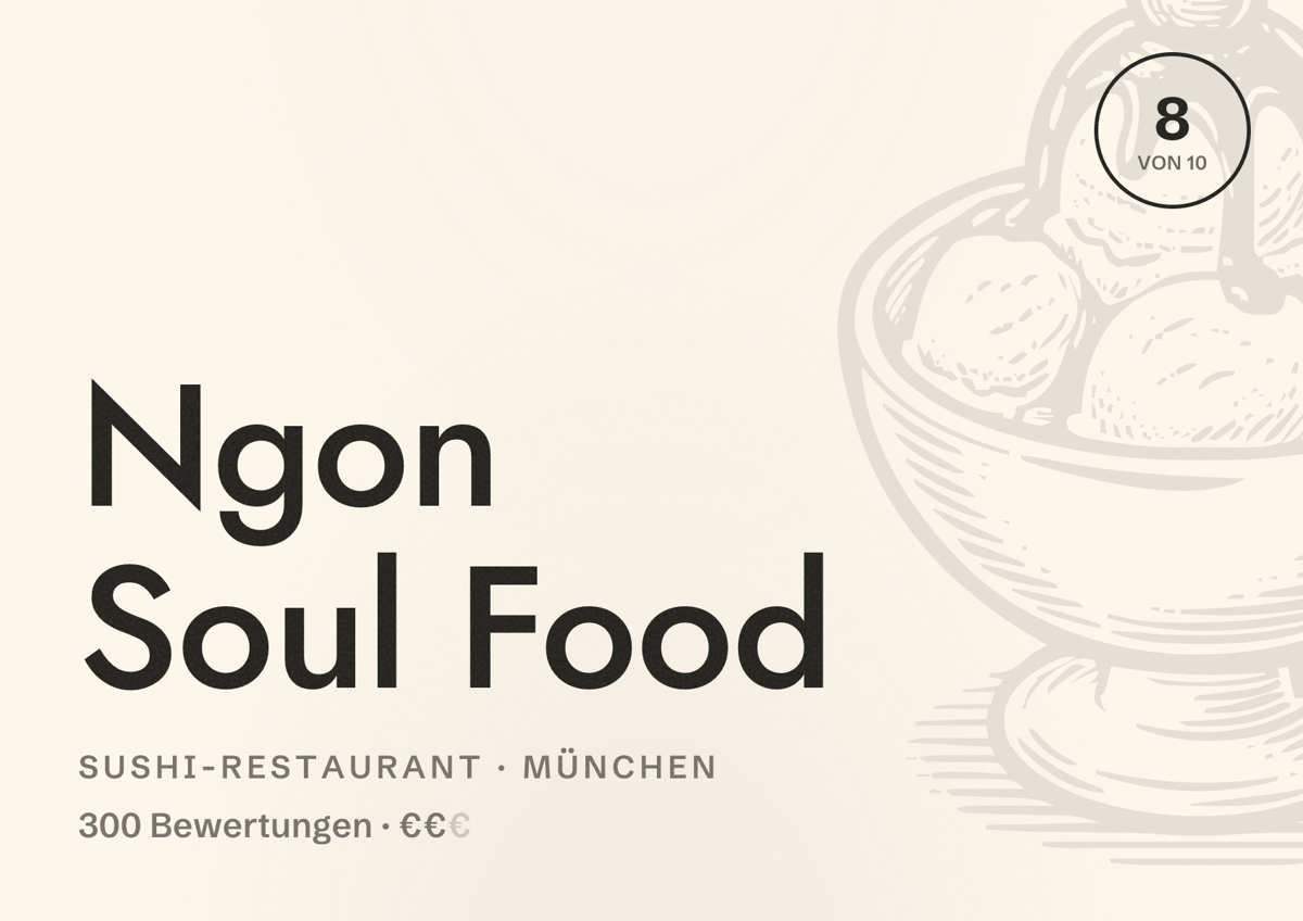Illustriertes Poster von Ngon Soul Food, Sushi-Restaurant in München: Bewertung 8,0 von 10 aus 300 Bewertungen, Preisniveau €€
