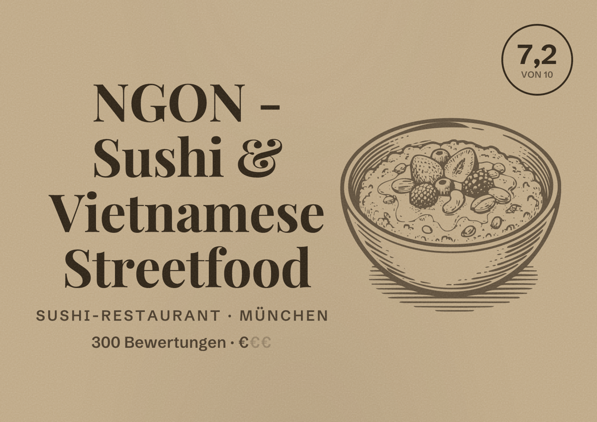 Illustriertes Poster von NGON - Sushi & Vietnamese Streetfood, Sushi-Restaurant in München: Bewertung 7,2 von 10 aus 300 Bewertungen, Preisniveau €