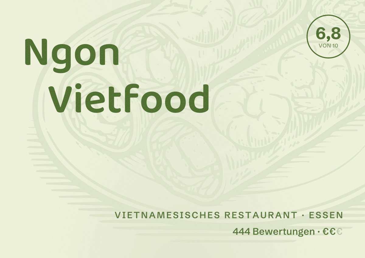 Illustriertes Poster von Ngon Vietfood, Vietnamesisches Restaurant in Essen: Bewertung 6,8 von 10 aus 444 Bewertungen, Preisniveau €€