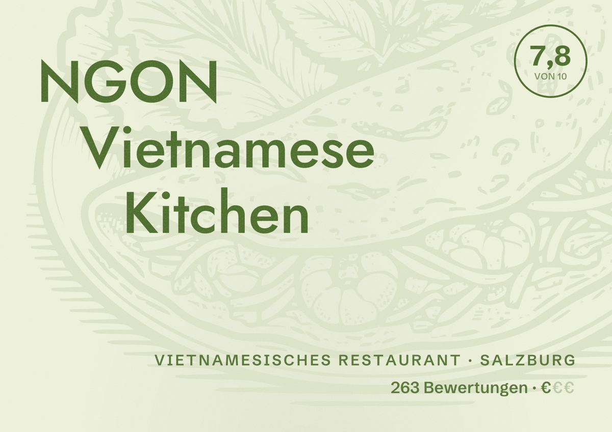 Illustriertes Poster von NGON Vietnamese Kitchen, Vietnamesisches Restaurant in Salzburg: Bewertung 7,8 von 10 aus 263 Bewertungen, Preisniveau €