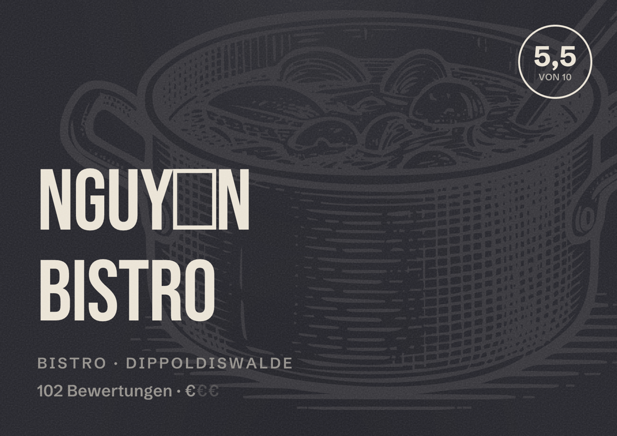 Illustriertes Poster von Nguyễn Bistro, Bistro in Dippoldiswalde: Bewertung 5,5 von 10 aus 102 Bewertungen, Preisniveau €