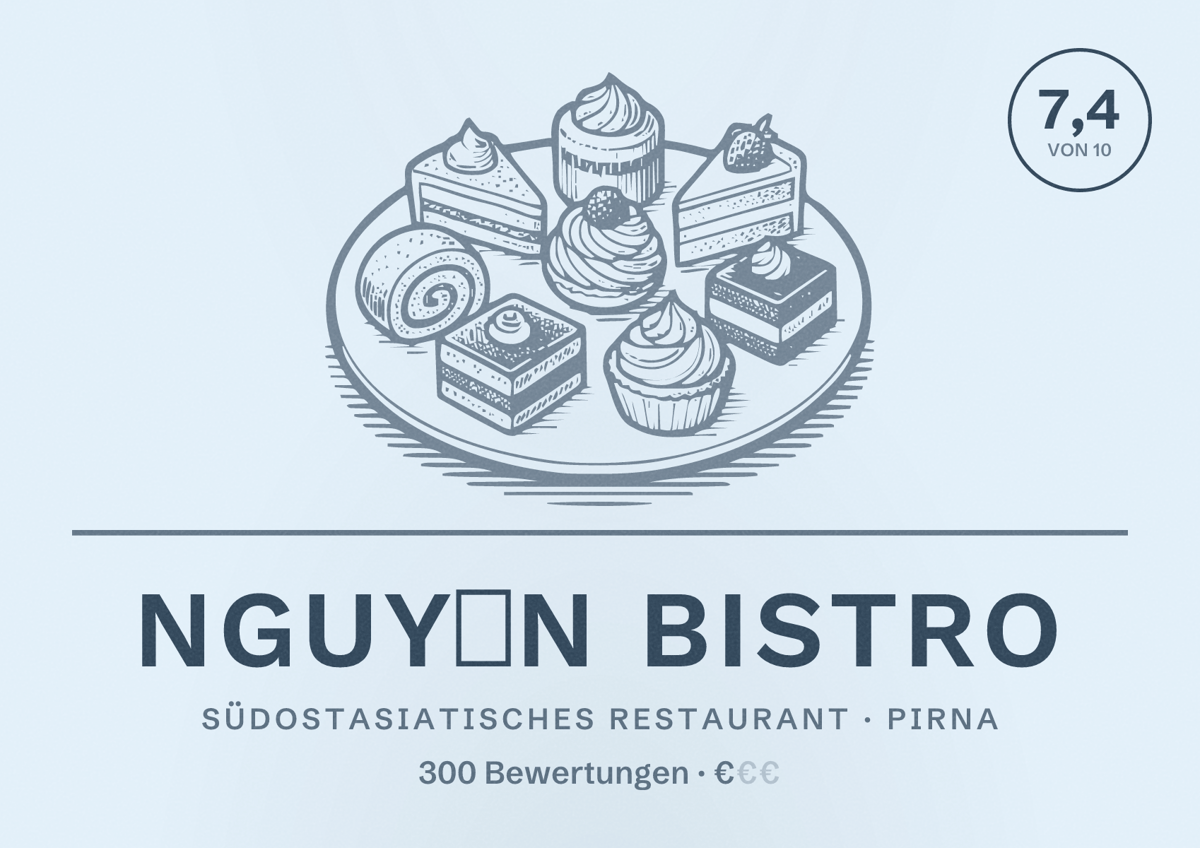 Illustriertes Poster von Nguyễn Bistro, Südostasiatisches Restaurant in Pirna: Bewertung 7,4 von 10 aus 300 Bewertungen, Preisniveau €