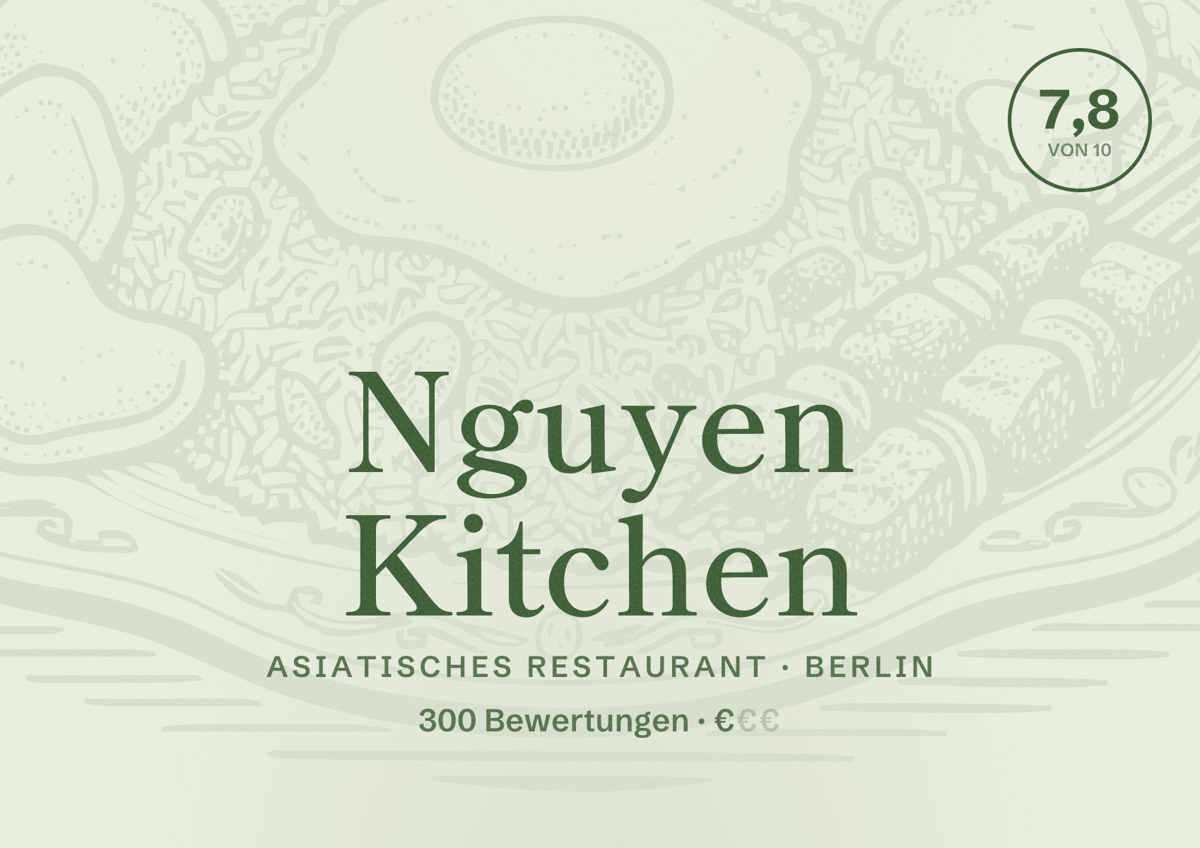 Illustriertes Poster von Nguyen Kitchen, Asiatisches Restaurant in Berlin: Bewertung 7,8 von 10 aus 300 Bewertungen, Preisniveau €