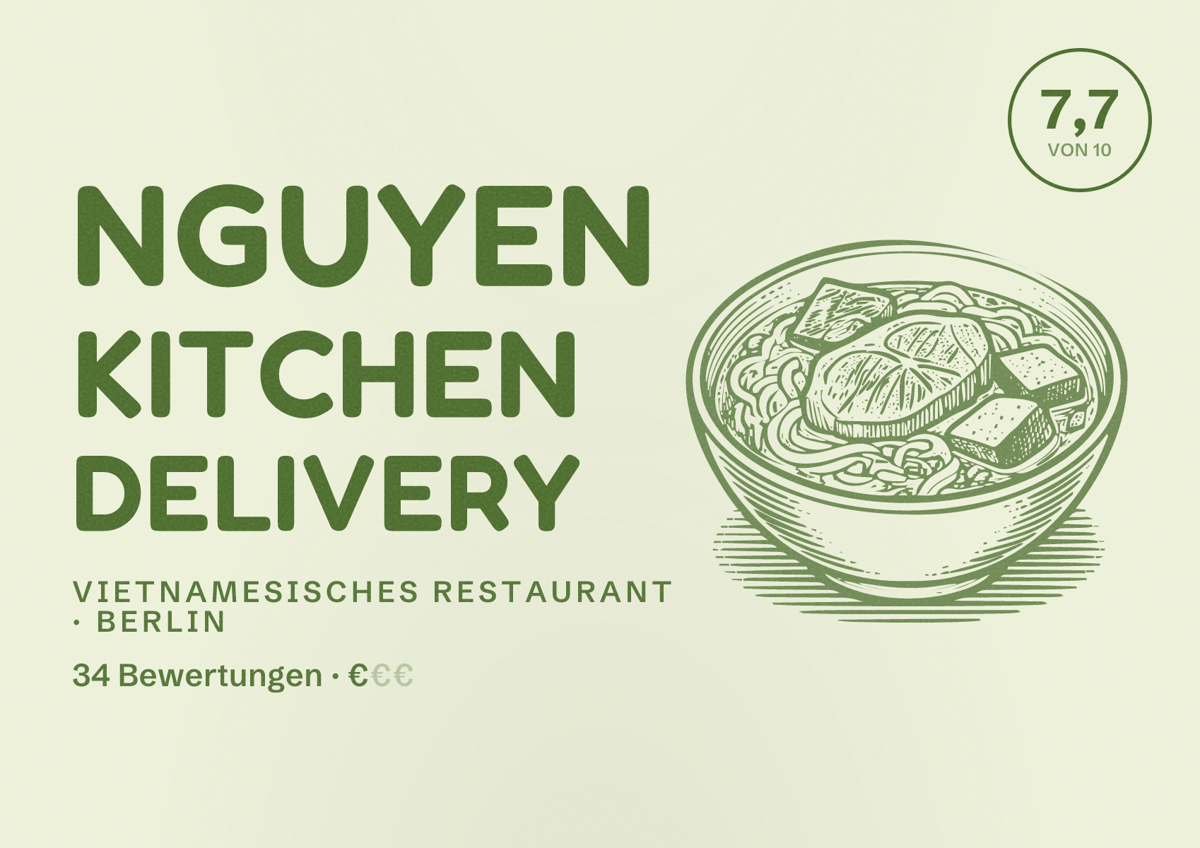Illustriertes Poster von Nguyen Kitchen Delivery, Vietnamesisches Restaurant in Berlin: Bewertung 7,7 von 10 aus 34 Bewertungen, Preisniveau €