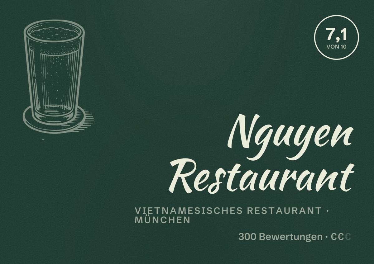 Illustriertes Poster von Nguyen Restaurant, Vietnamesisches Restaurant in München: Bewertung 7,1 von 10 aus 300 Bewertungen, Preisniveau €€
