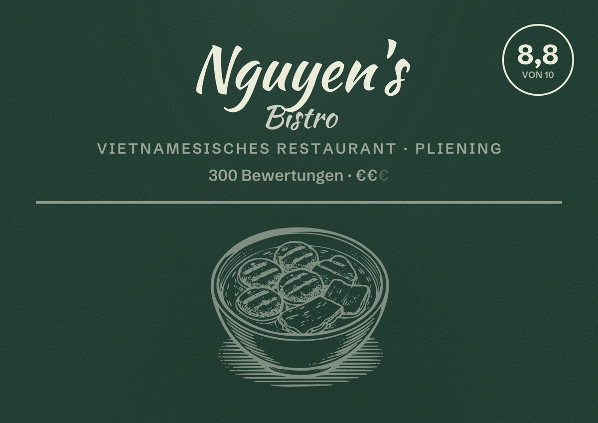 Illustriertes Poster von Nguyen's Bistro, Vietnamesisches Restaurant in Pliening: Bewertung 8,8 von 10 aus 300 Bewertungen, Preisniveau €€