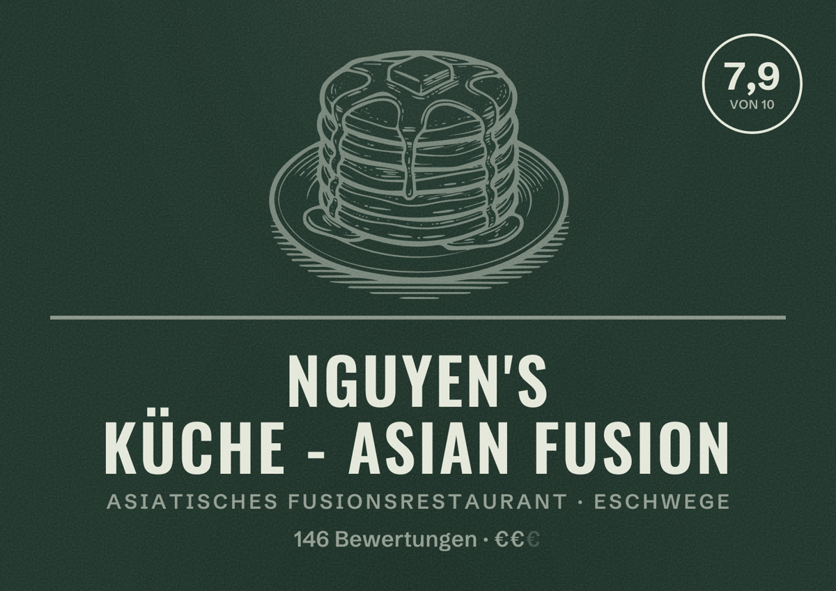 Illustriertes Poster von Nguyen's Küche - Asian Fusion, Asiatisches Fusionsrestaurant in Eschwege: Bewertung 7,9 von 10 aus 146 Bewertungen, Preisniveau €€