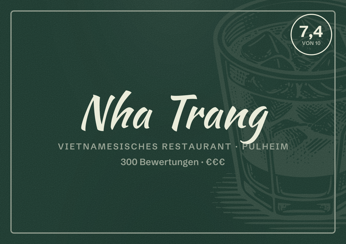Illustriertes Poster von Nha Trang, Vietnamesisches Restaurant in Pulheim: Bewertung 7,4 von 10 aus 300 Bewertungen, Preisniveau €€€