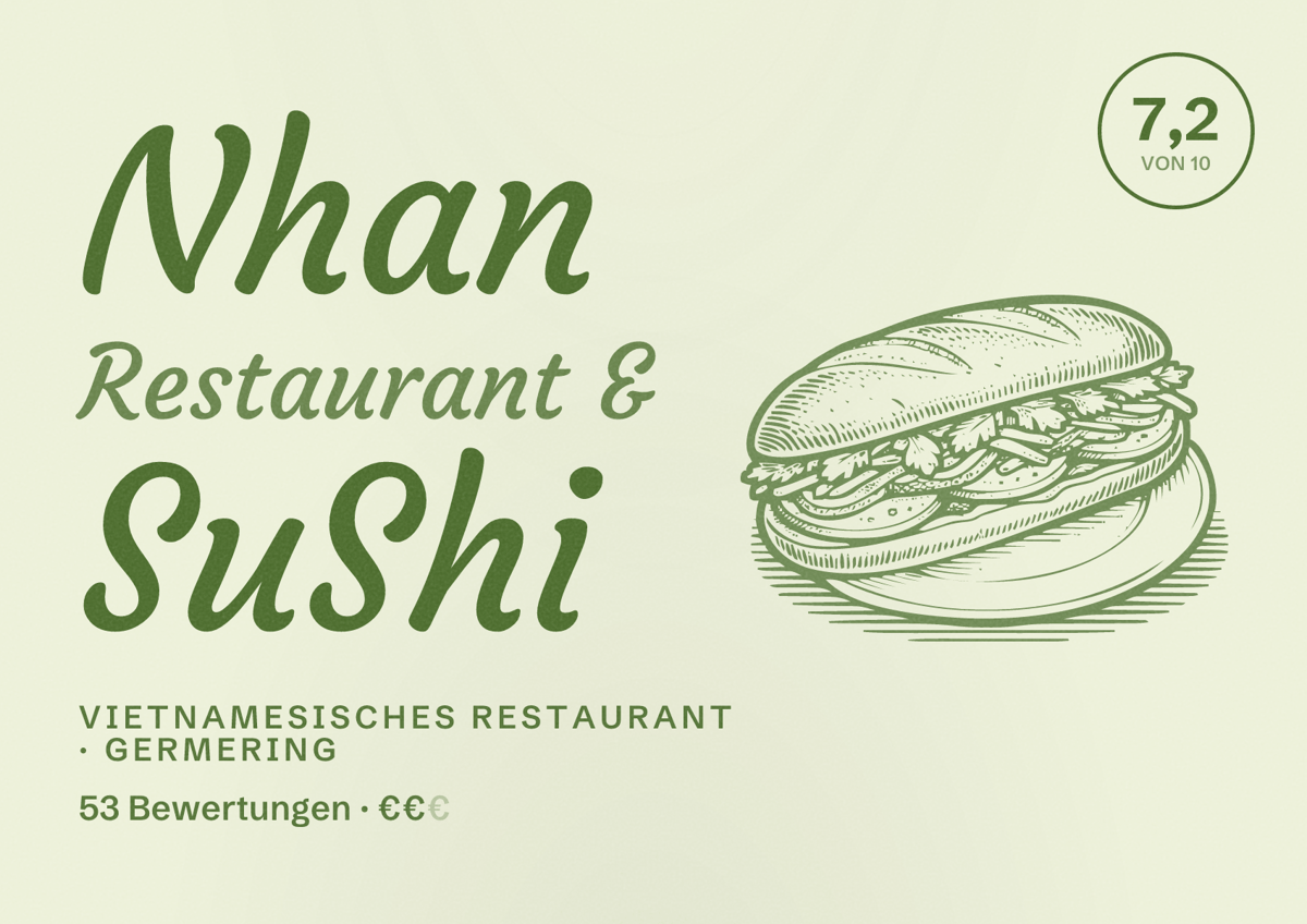 Illustriertes Poster von Nhan Restaurant & SuShi, Vietnamesisches Restaurant in Germering: Bewertung 7,2 von 10 aus 53 Bewertungen, Preisniveau €€