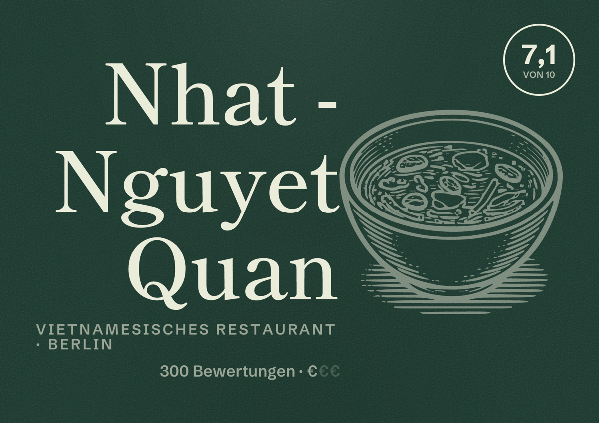 Illustriertes Poster von Nhat - Nguyet Quan, Vietnamesisches Restaurant in Berlin: Bewertung 7,1 von 10 aus 300 Bewertungen, Preisniveau €