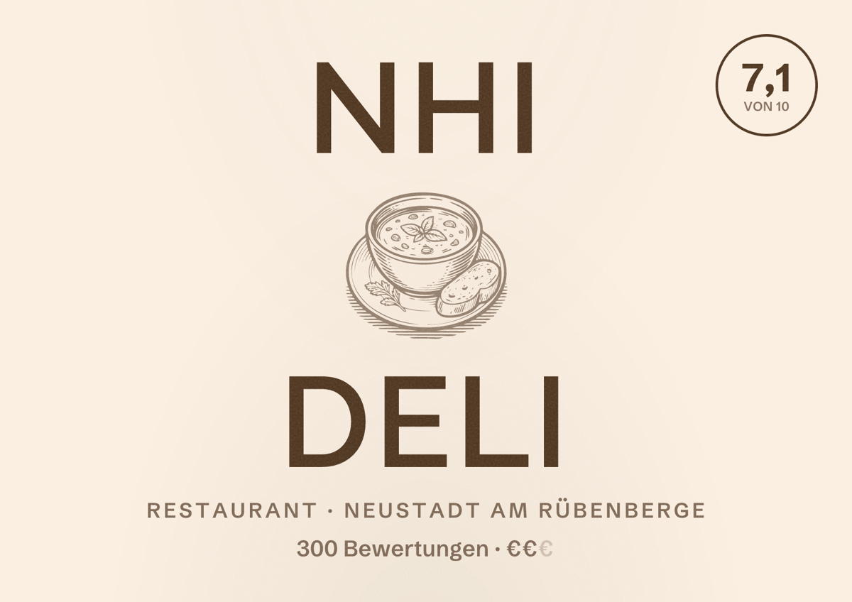 Illustriertes Poster von Nhi Deli, Restaurant in Neustadt am Rübenberge: Bewertung 7,1 von 10 aus 300 Bewertungen, Preisniveau €€