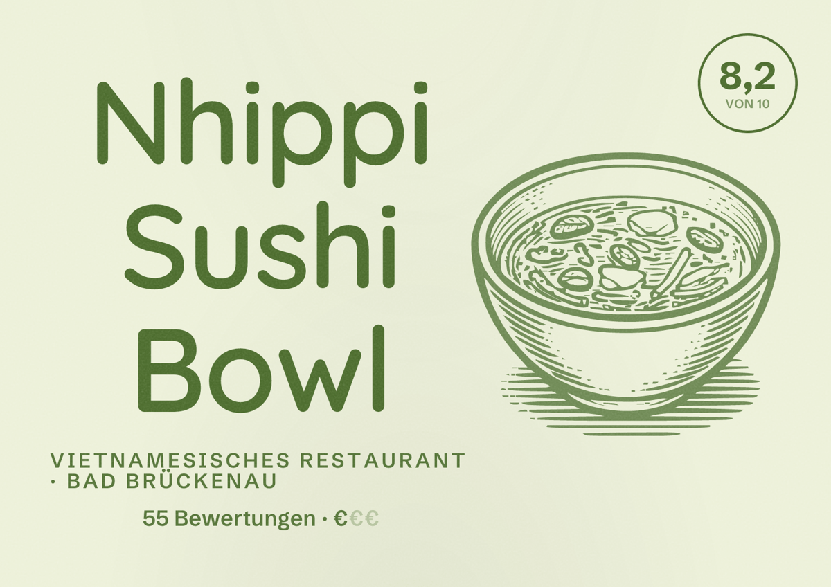 Illustriertes Poster von Nhippi Sushi Bowl, Vietnamesisches Restaurant in Bad Brückenau: Bewertung 8,2 von 10 aus 55 Bewertungen, Preisniveau €