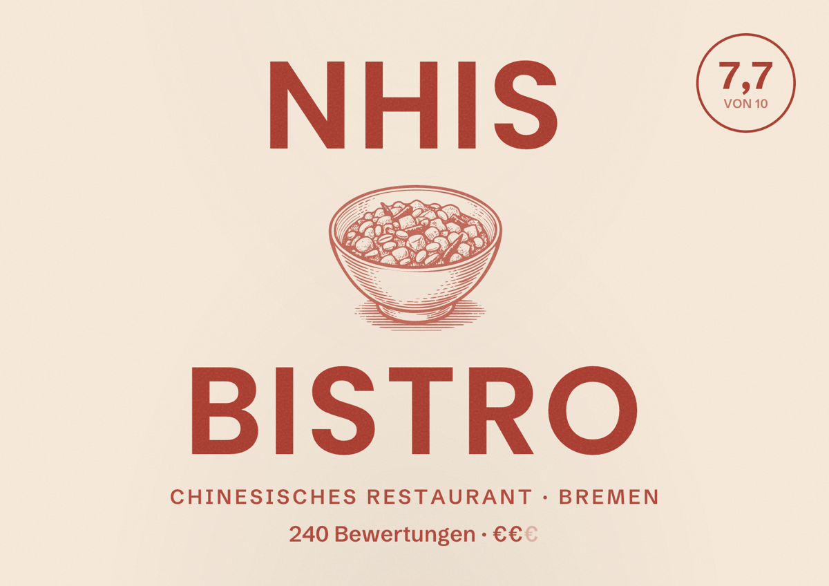Illustriertes Poster von Nhis Bistro, Chinesisches Restaurant in Bremen: Bewertung 7,7 von 10 aus 240 Bewertungen, Preisniveau €€