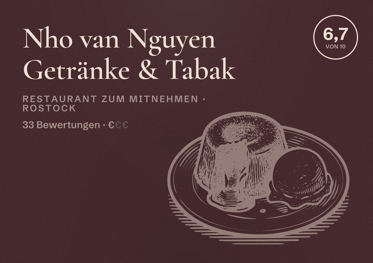 Illustriertes Poster von Nho van Nguyen Getränke & Tabak, Restaurant zum Mitnehmen in Rostock: Bewertung 6,7 von 10 aus 33 Bewertungen, Preisniveau €