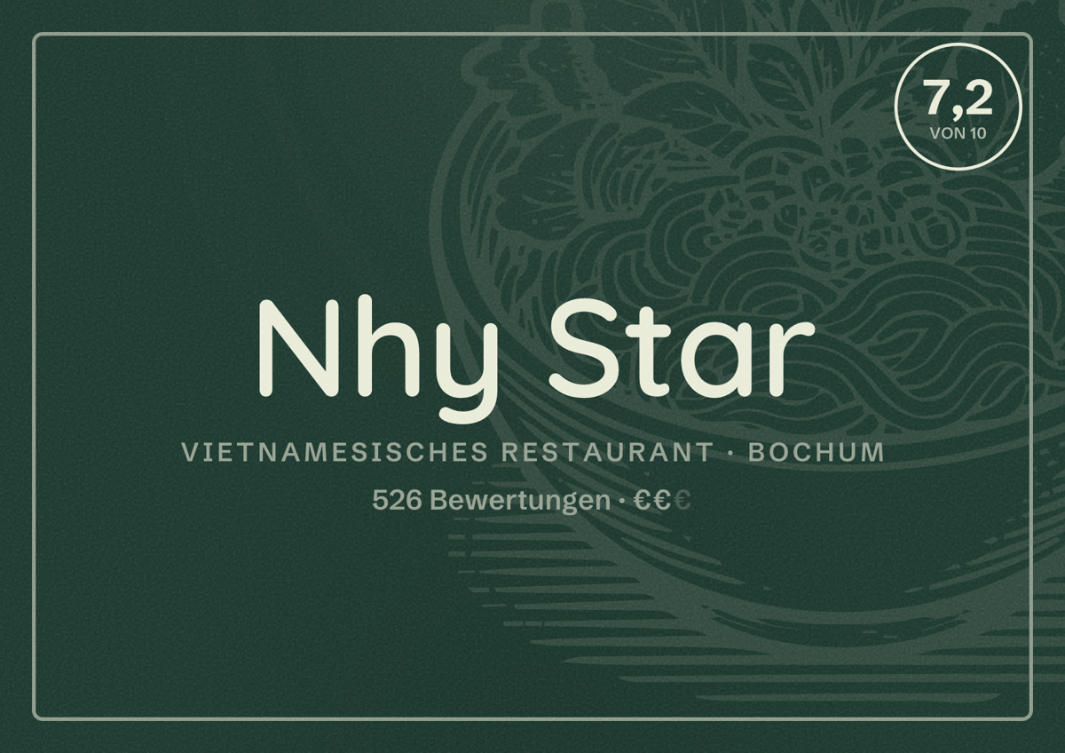 Illustriertes Poster von Nhy Star, Vietnamesisches Restaurant in Bochum: Bewertung 7,2 von 10 aus 526 Bewertungen, Preisniveau €€
