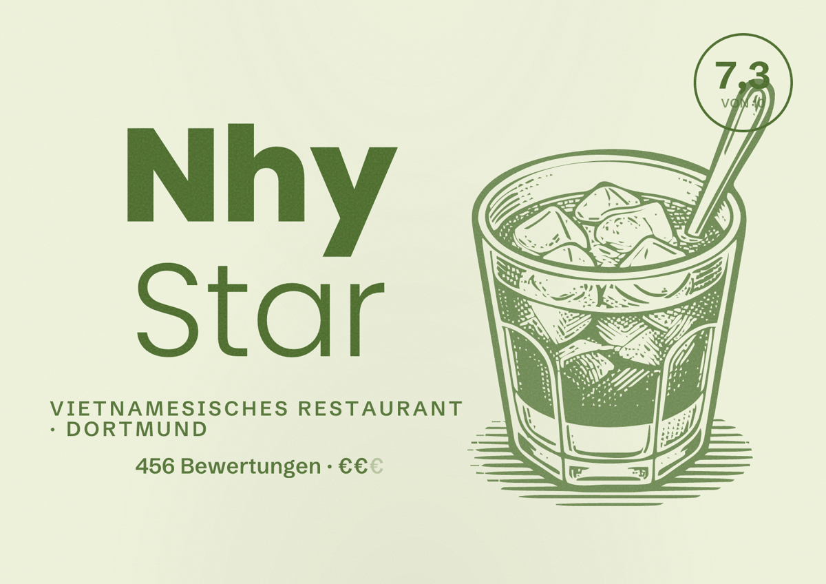 Illustriertes Poster von Nhy Star, Vietnamesisches Restaurant in Dortmund: Bewertung 7,3 von 10 aus 456 Bewertungen, Preisniveau €€