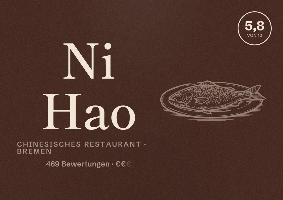 Illustriertes Poster von Ni Hao, Chinesisches Restaurant in Bremen: Bewertung 5,8 von 10 aus 469 Bewertungen, Preisniveau €€
