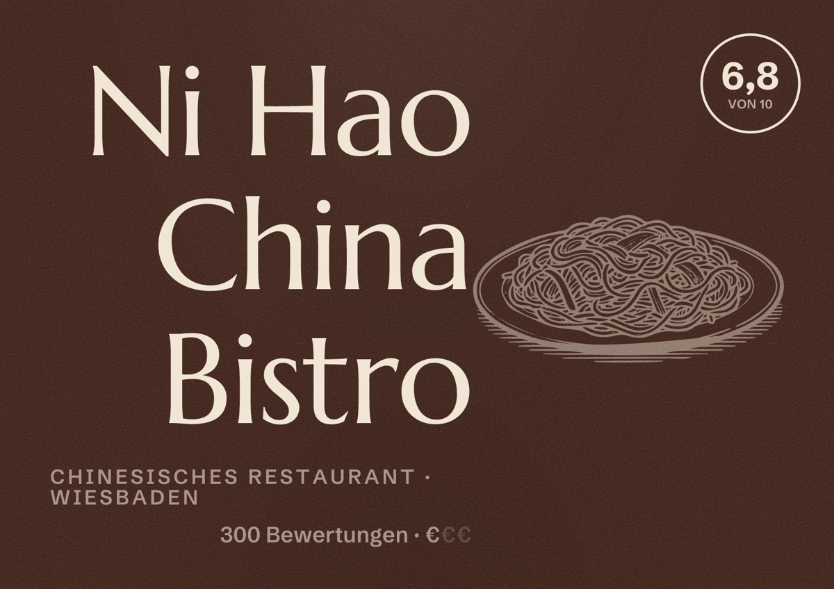 Illustriertes Poster von Ni Hao China Bistro, Chinesisches Restaurant in Wiesbaden: Bewertung 6,8 von 10 aus 300 Bewertungen, Preisniveau €