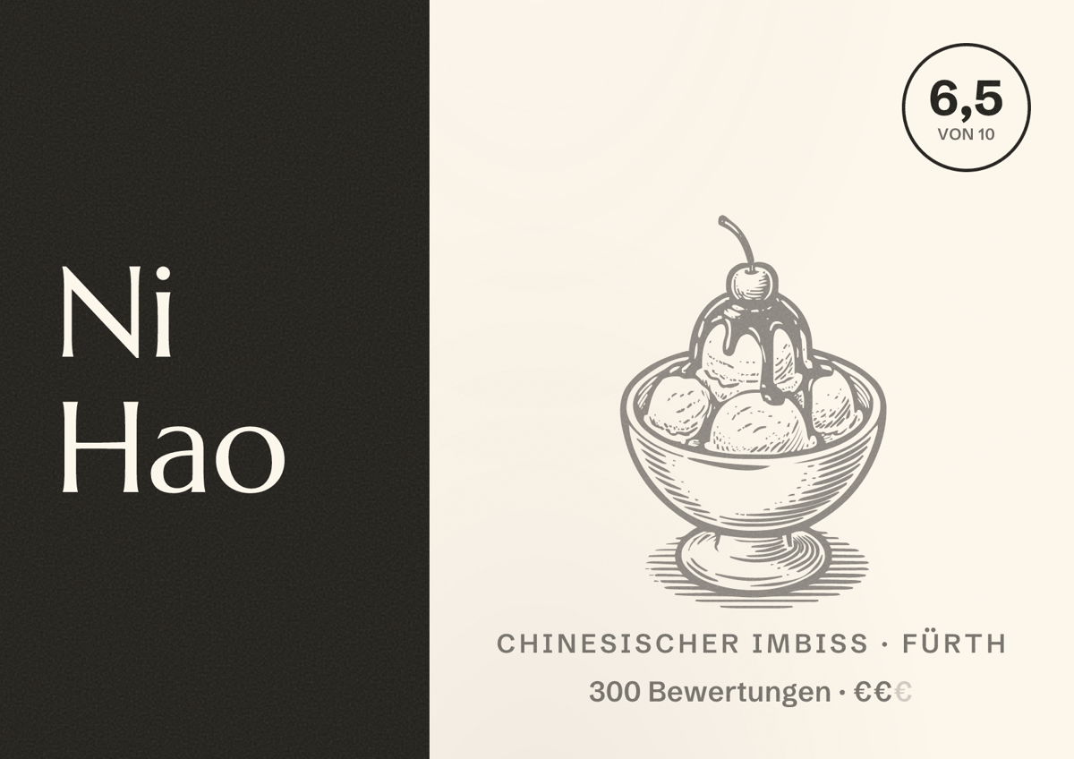 Illustriertes Poster von Ni Hao, Chinesischer Imbiss in Fürth: Bewertung 6,5 von 10 aus 300 Bewertungen, Preisniveau €€