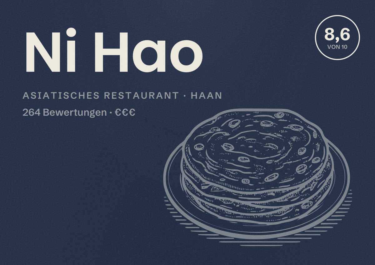 Illustriertes Poster von Ni Hao, Asiatisches Restaurant in Haan: Bewertung 8,6 von 10 aus 264 Bewertungen, Preisniveau €€€