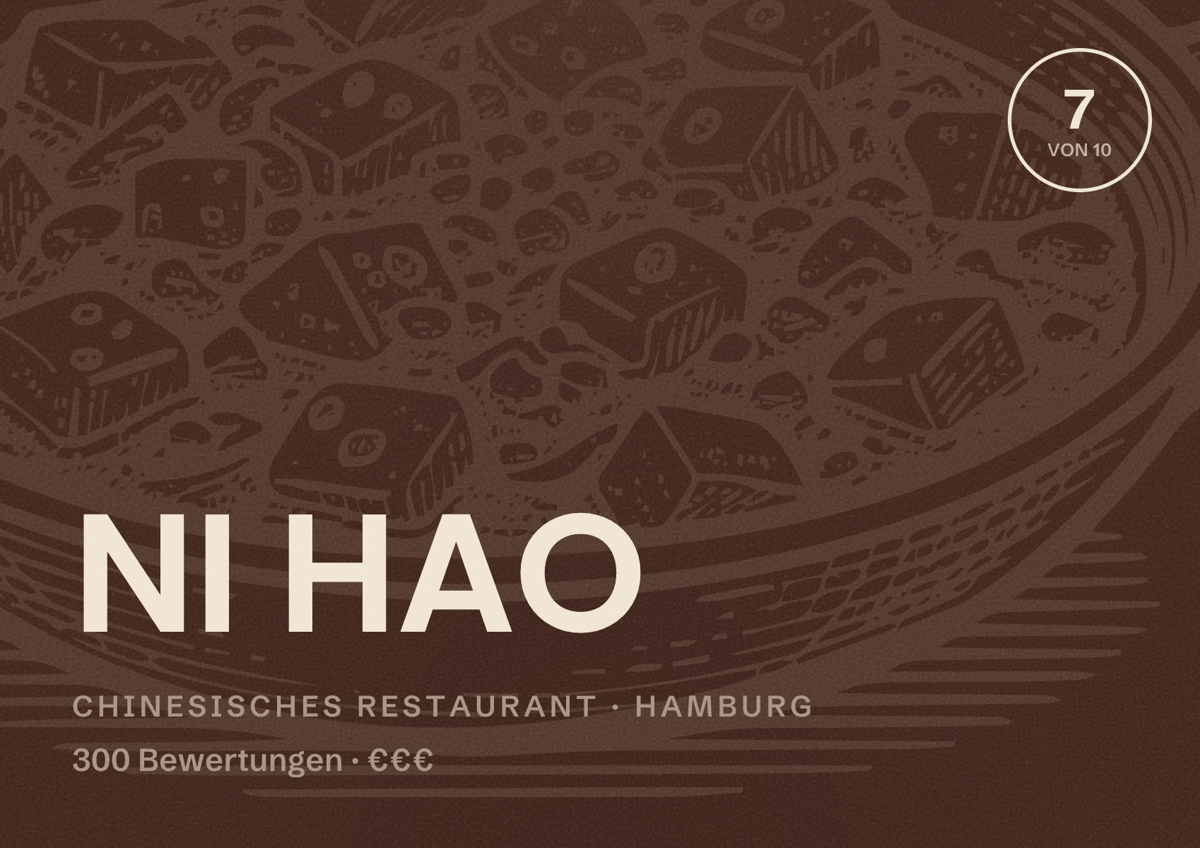 Illustriertes Poster von NI HAO, Chinesisches Restaurant in Hamburg: Bewertung 7,0 von 10 aus 300 Bewertungen, Preisniveau €€€