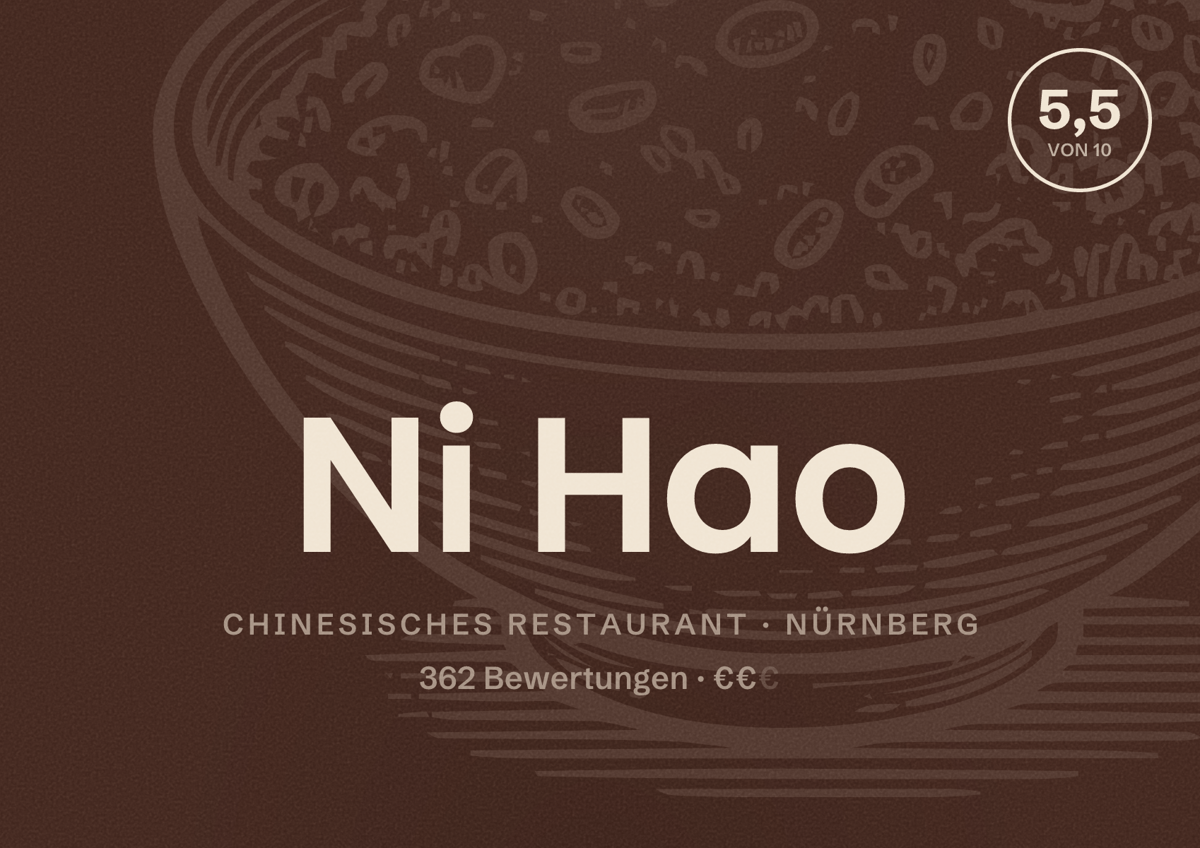 Illustriertes Poster von Ni Hao, Chinesisches Restaurant in Nürnberg: Bewertung 5,5 von 10 aus 362 Bewertungen, Preisniveau €€
