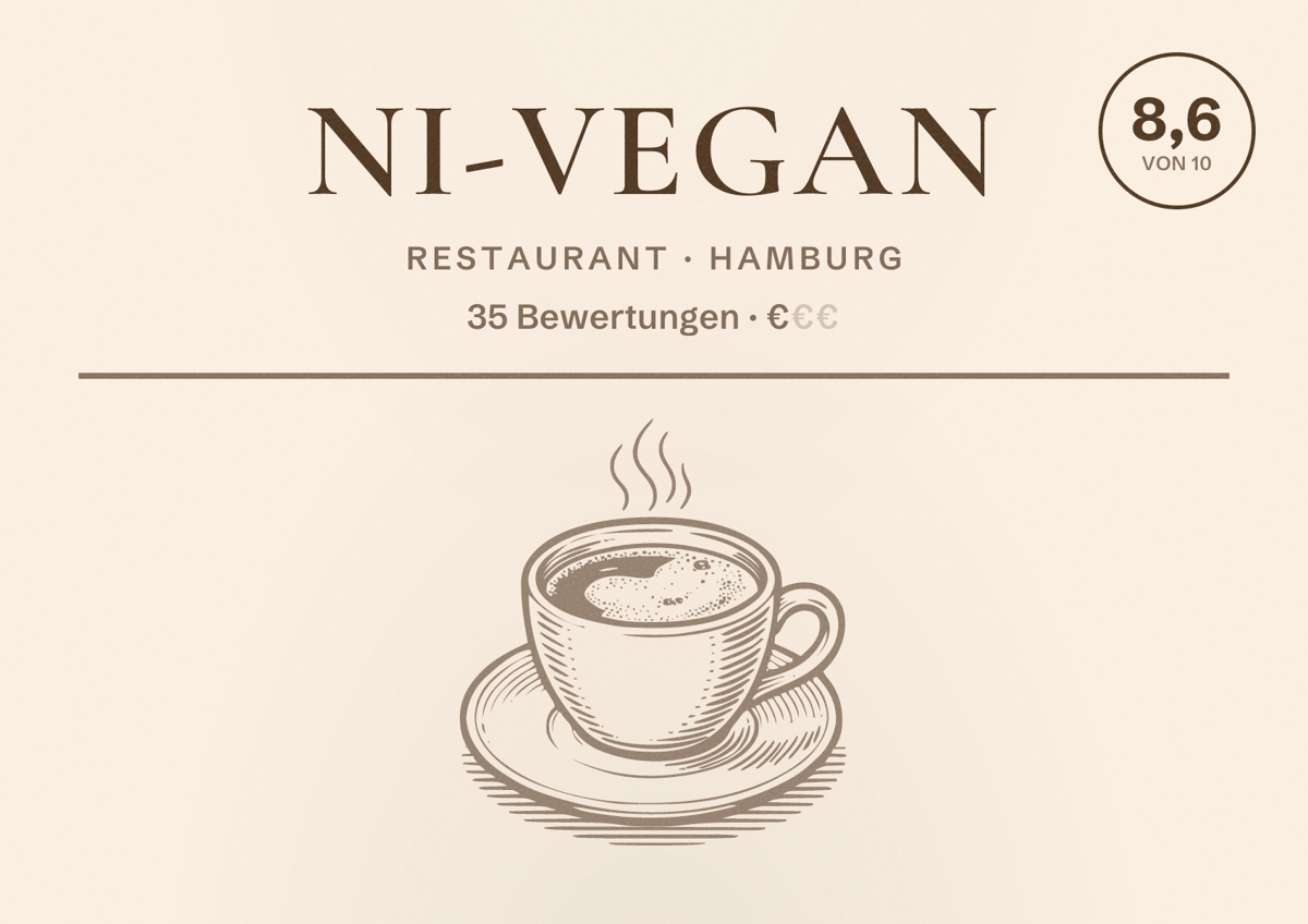 Illustriertes Poster von Ni-Vegan, Restaurant in Hamburg: Bewertung 8,6 von 10 aus 35 Bewertungen, Preisniveau €