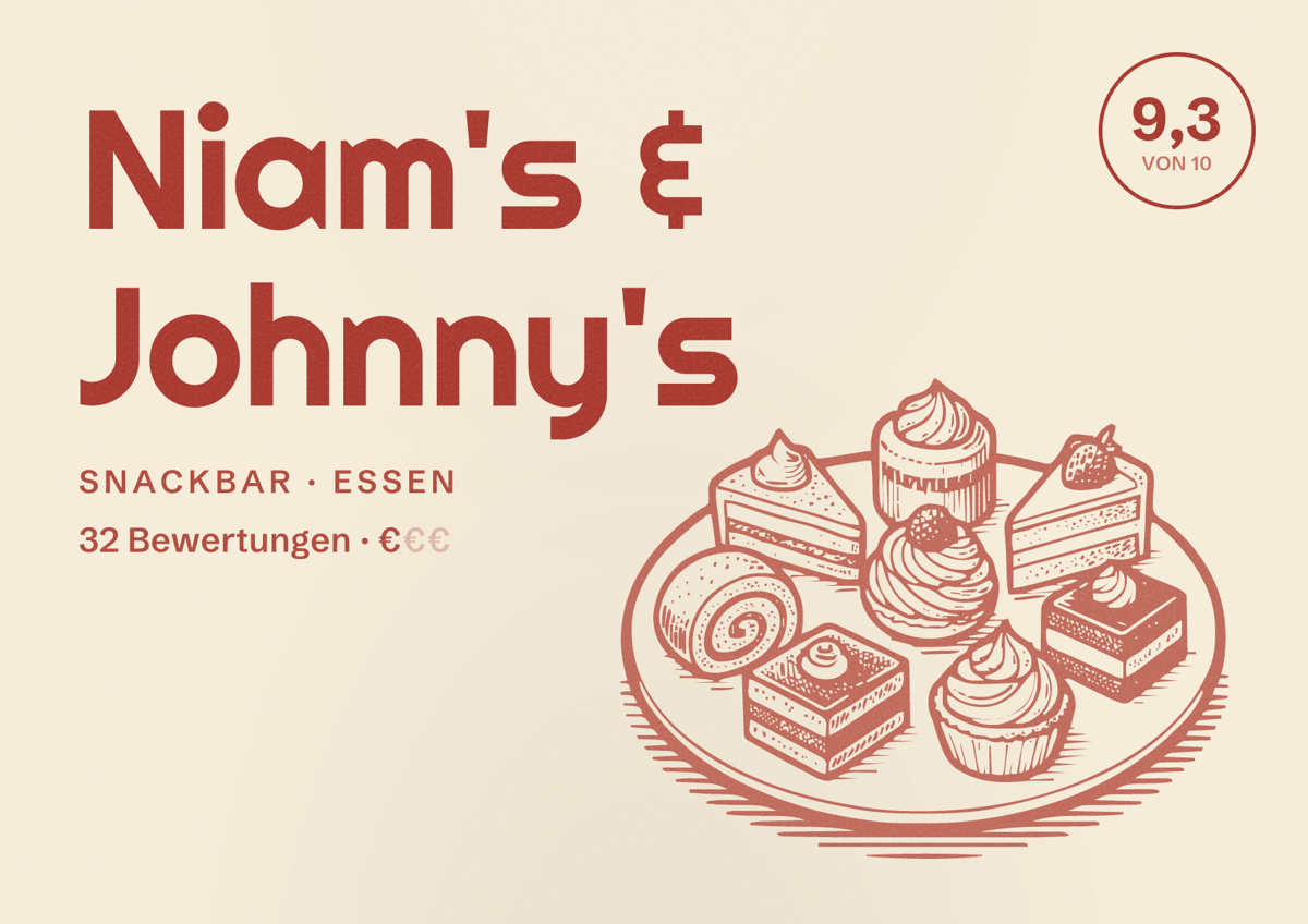 Illustriertes Poster von Niam's & Johnny's, Snackbar in Essen: Bewertung 9,3 von 10 aus 32 Bewertungen, Preisniveau €